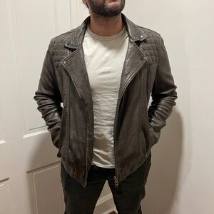 Men’s Large ALLSAINTS Conroy Crinkled Leather Biker Jacket in Khaki Grey